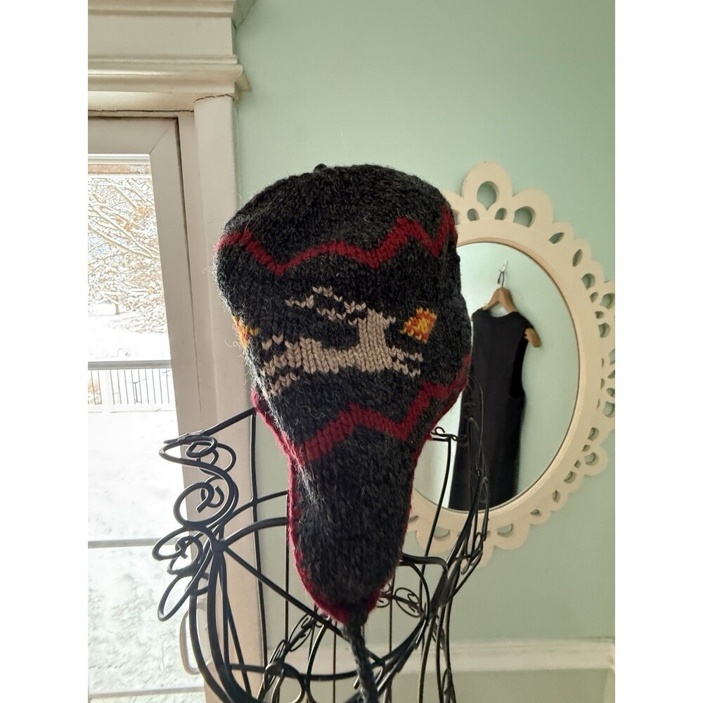 Lake Of The Isles Beanie Hat Ear‎ Flaps Tassel Wool Blend Cap Green Reindeer